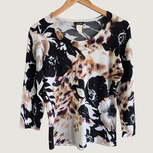 Elizabeth New York Women S Floral Leopard Embellished 3/4 Sleeve Knit Top Black